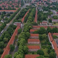 Blick von oben auf das Gebiet rund um die Straße an der Windmühle (links ist die Kattowitzer Straße zu sehen)