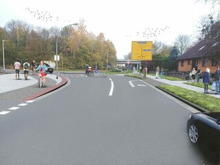 Das Bild zeigt wie die Straße in Richtung Kreisel nach dem  gegenwärtigen Stand der Planung später umgesetzt werden könnte.