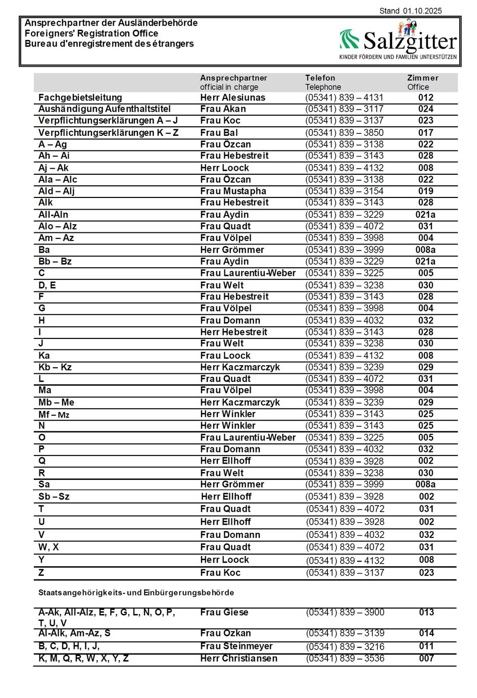 Alle Ansprechpartner/innen der Ausländerstelle. Anhand des ersten Buchstabes Ihres Nachnamens können Sie die/den für Sie zuständigen Ansprechpartner/in herausfinden.