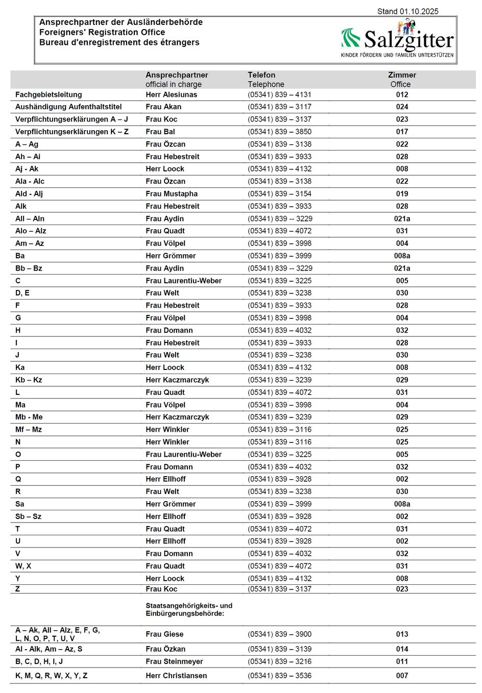 Alle Ansprechpartner/innen der Ausländerstelle. Anhand des ersten Buchstabes Ihres Nachnamens können Sie die/den für Sie zuständigen Ansprechpartner/in herausfinden.