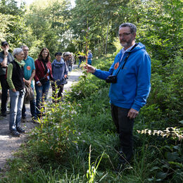 Walter Wimmer erklärt den Wander-Teilnehmenden bei der Natur bewegt Wanderung wissenswertes über die Pflanzenwelt im Wald.