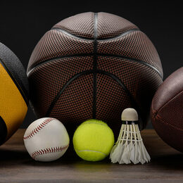 Verschiedene Bälle und ein Ferderball, die beim Sport verwendet werden.