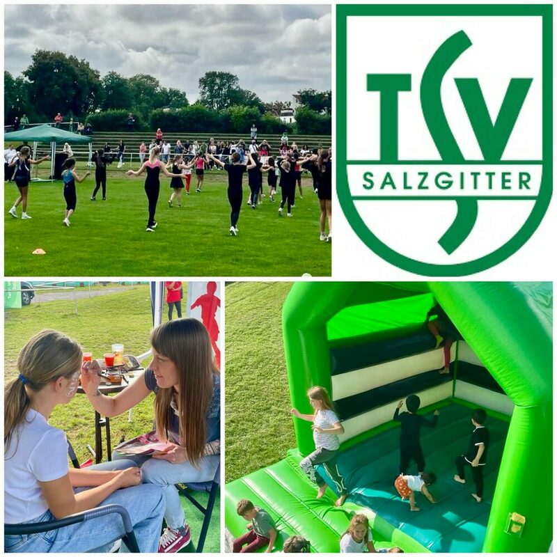 Collage aus Bildern von Sportvorführung, Kinderschminken, Hüpfburg und TSV-Logo
