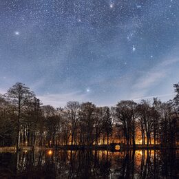 Der Schlossteich in Ringelheim in der Nacht. Am Himmel sind viele Sterne zu sehen.