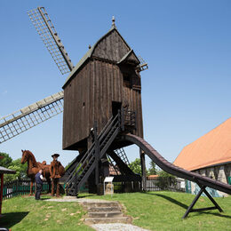 Das Bild zeigt die Osterlinder Bockwindmühle im Mühlengarten des Städtischen Museum Schloss Salder.